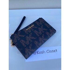 Michael Kors wristlet double zip phone wallet MK Signature Black Multi